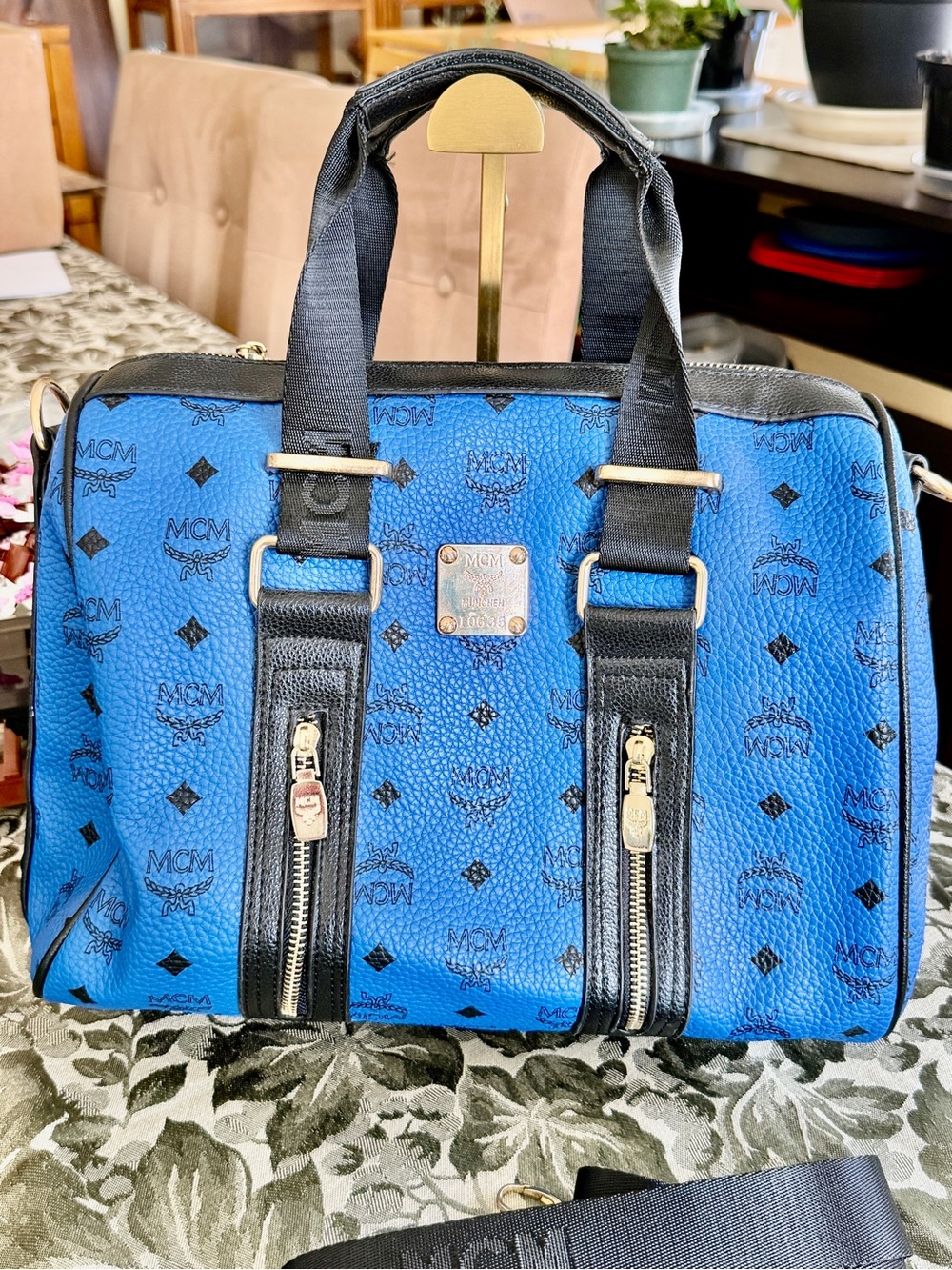MCM Blue and Black Visetos Carryall Bag EUC